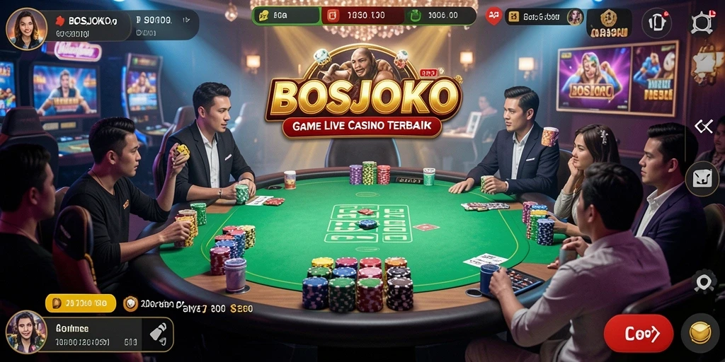 Tampilan gameplay menarik dalam BOSJOKO dengan dealer langsung dan suasana kasino.
