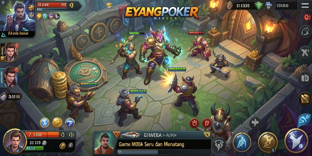 Tampilkan gameplay seru dalam EYANGPOKER dengan aksi pertempuran MOBA.
