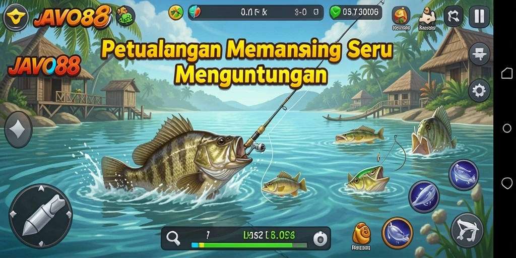 Gameplay JAVO88 menampilkan momen seru saat menangkap ikan besar.